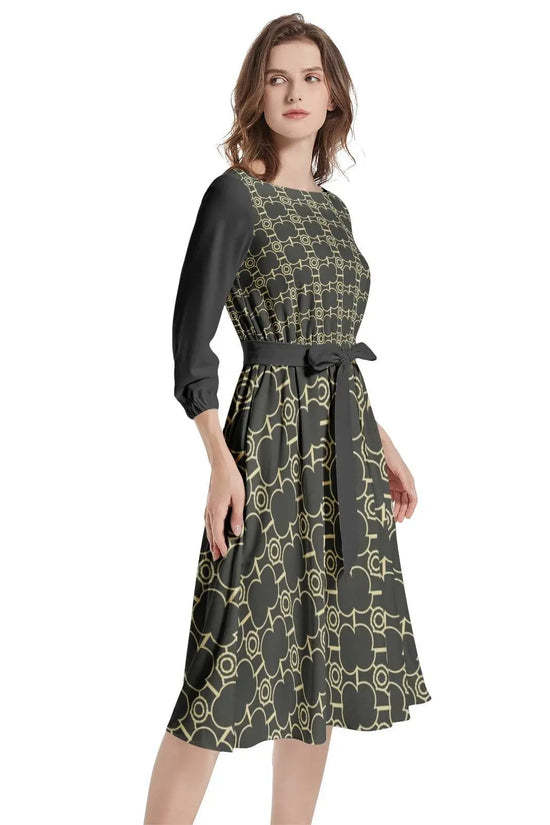 IVORY Boat Neck Belted Flared Black Dress - IVORYNN