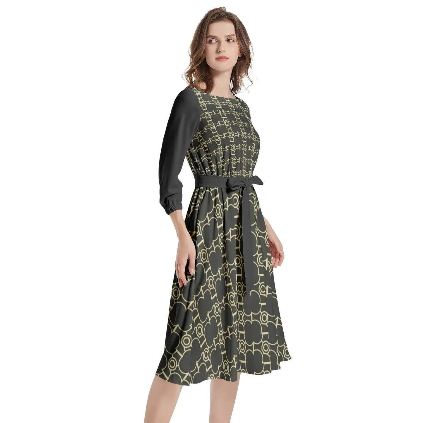 IVORY Boat Neck Belted Flared Black Dress - IVORYNN