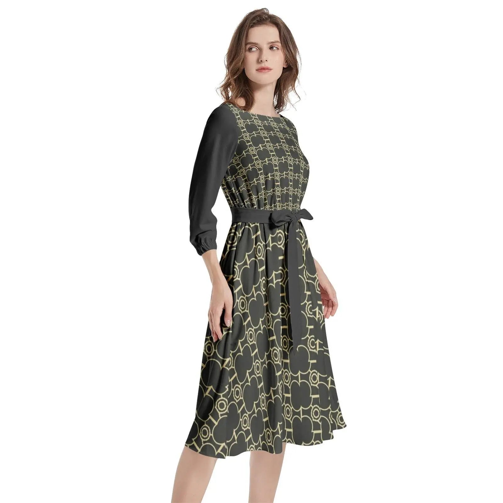 IVORY Boat Neck Belted Flared Black Dress - IVORYNN
