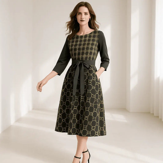 IVORY Boat Neck Belted Flared Black Dress
