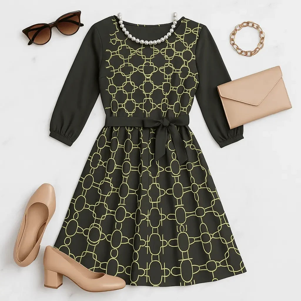 IVORY Boat Neck Belted Flared Black Dress - IVORYNN