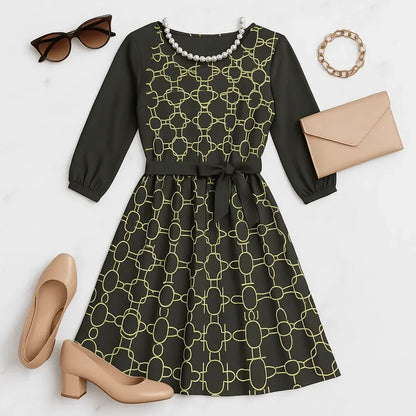 IVORY Boat Neck Belted Flared Black Dress - IVORYNN