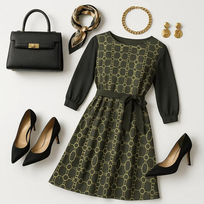 IVORY Boat Neck Belted Flared Black Dress - IVORYNN