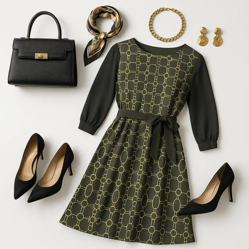 IVORY Boat Neck Belted Flared Black Dress - IVORYNN