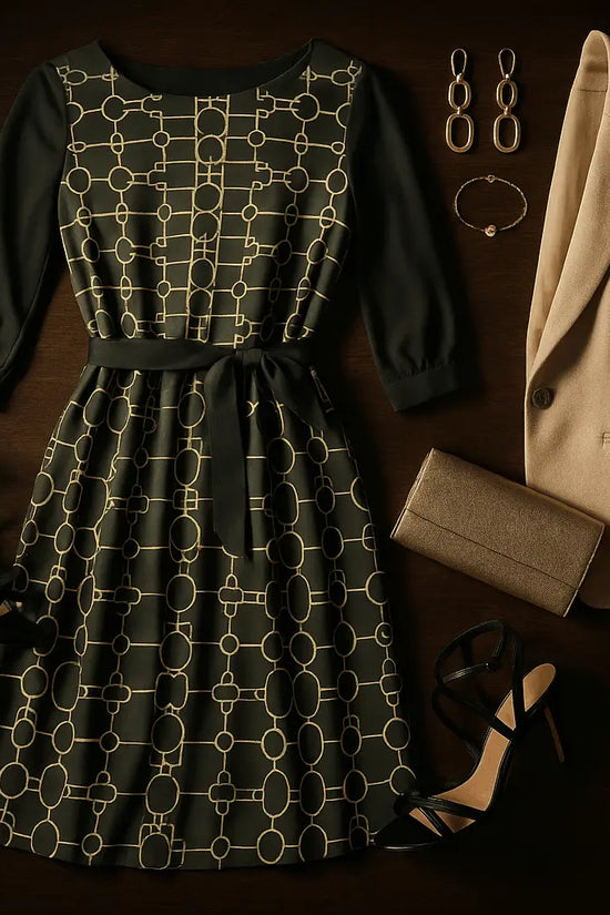 IVORY Boat Neck Belted Flared Black Dress - IVORYNN