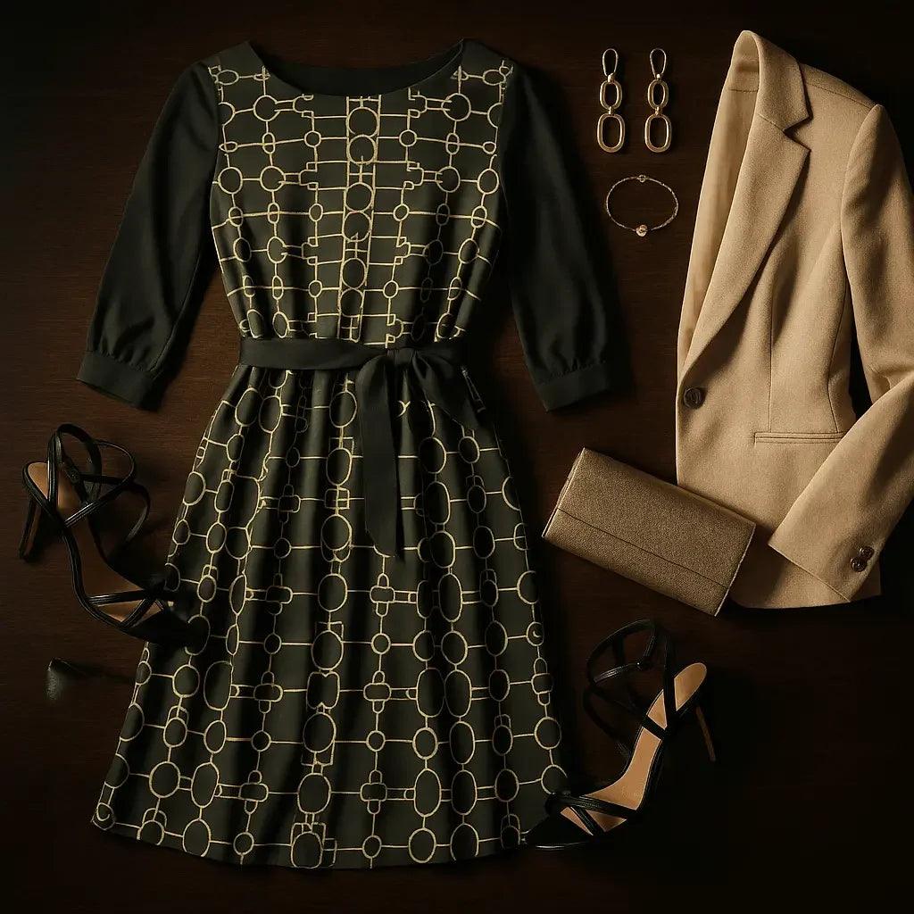 IVORY Boat Neck Belted Flared Black Dress - IVORYNN