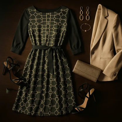 IVORY Boat Neck Belted Flared Black Dress - IVORYNN