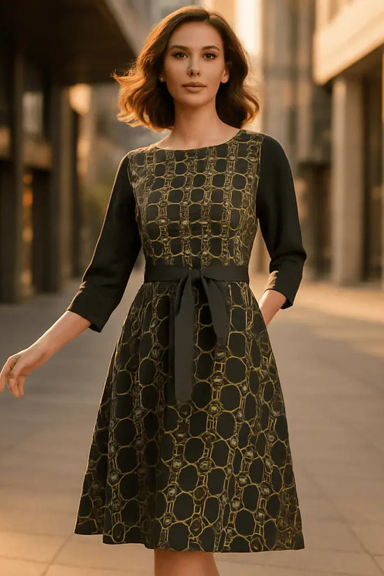 IVORY Boat Neck Belted Flared Black Dress - IVORYNN