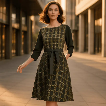 IVORY Boat Neck Belted Flared Black Dress - IVORYNN