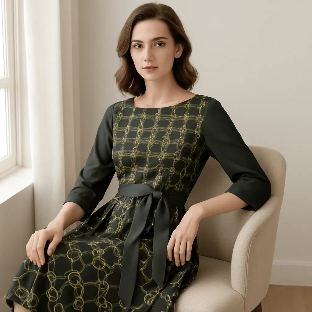 IVORY Boat Neck Belted Flared Black Dress - IVORYNN