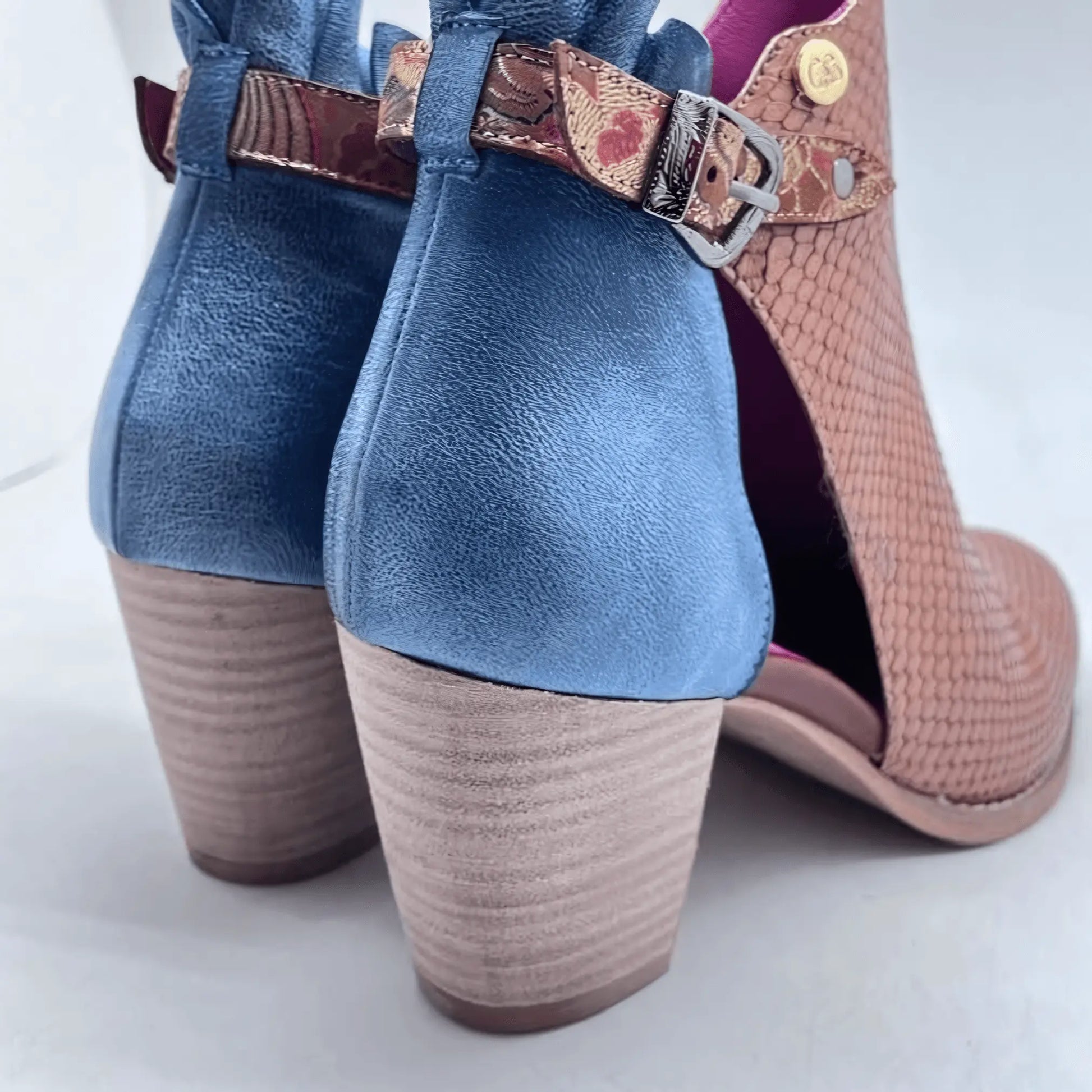 Indigo Tan Denim Leather Ankle Mid-Heel Boot - IVORYNN