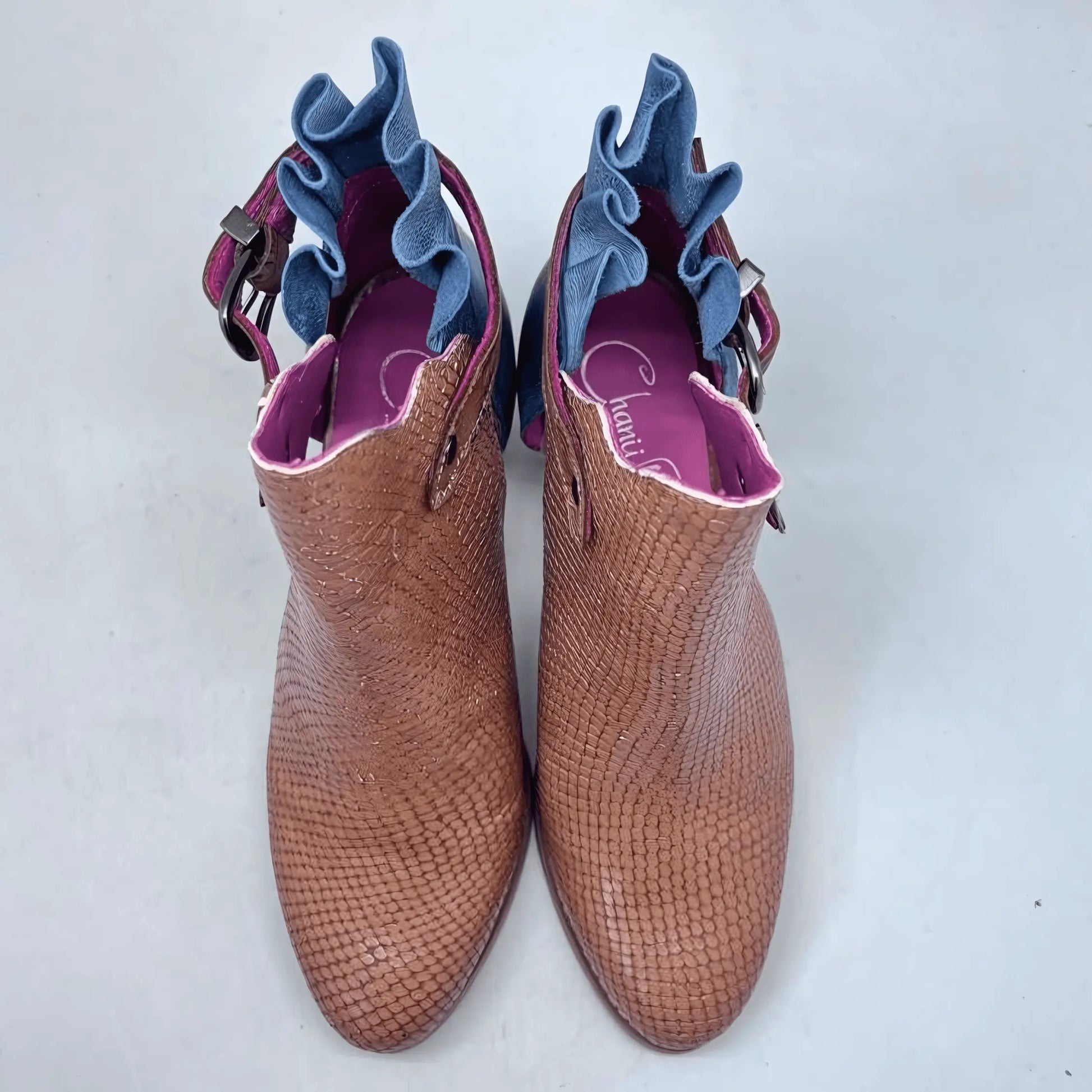 Indigo Tan Denim Leather Ankle Mid-Heel Boot - IVORYNN
