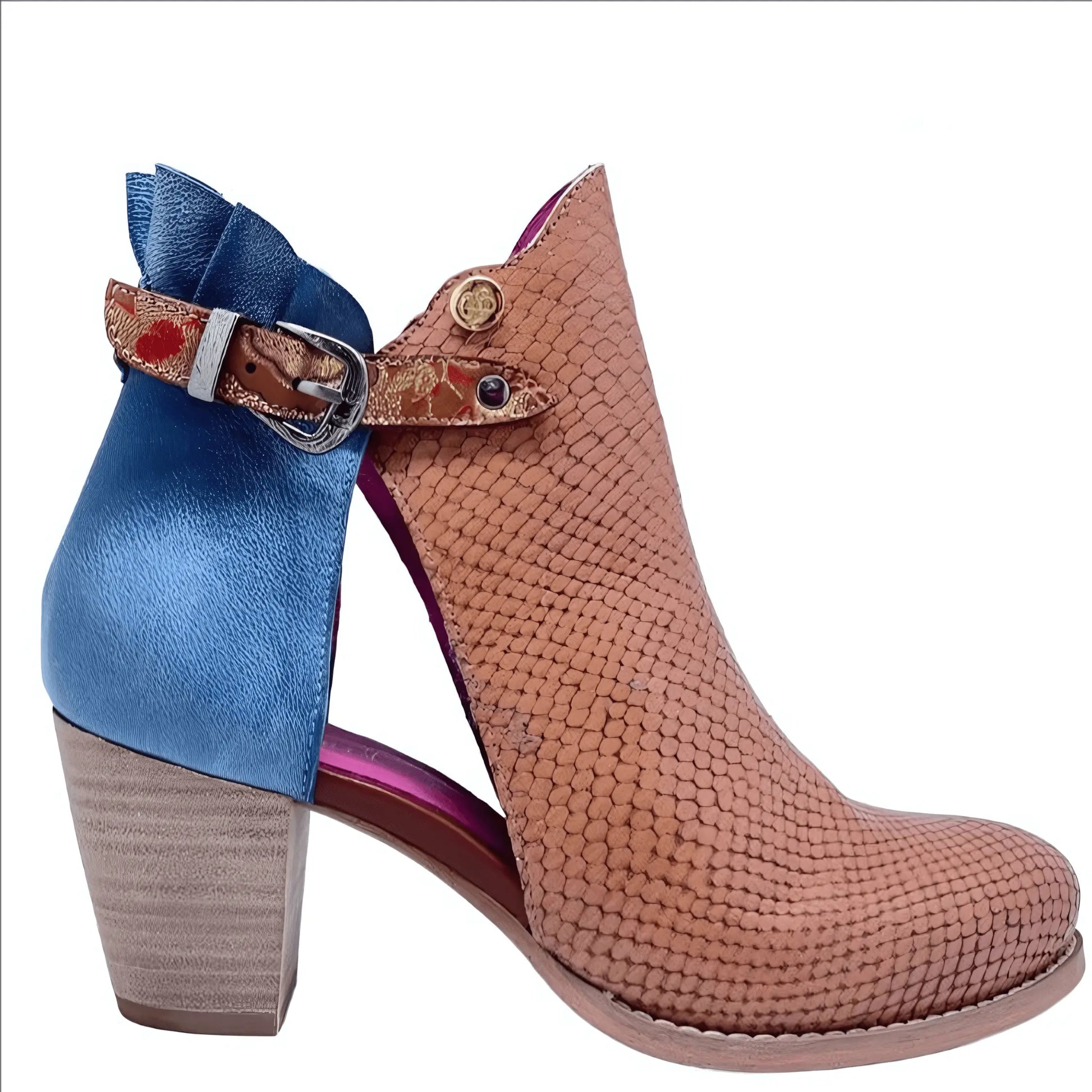Indigo Tan Denim Leather Ankle Mid-Heel Boot - IVORYNN