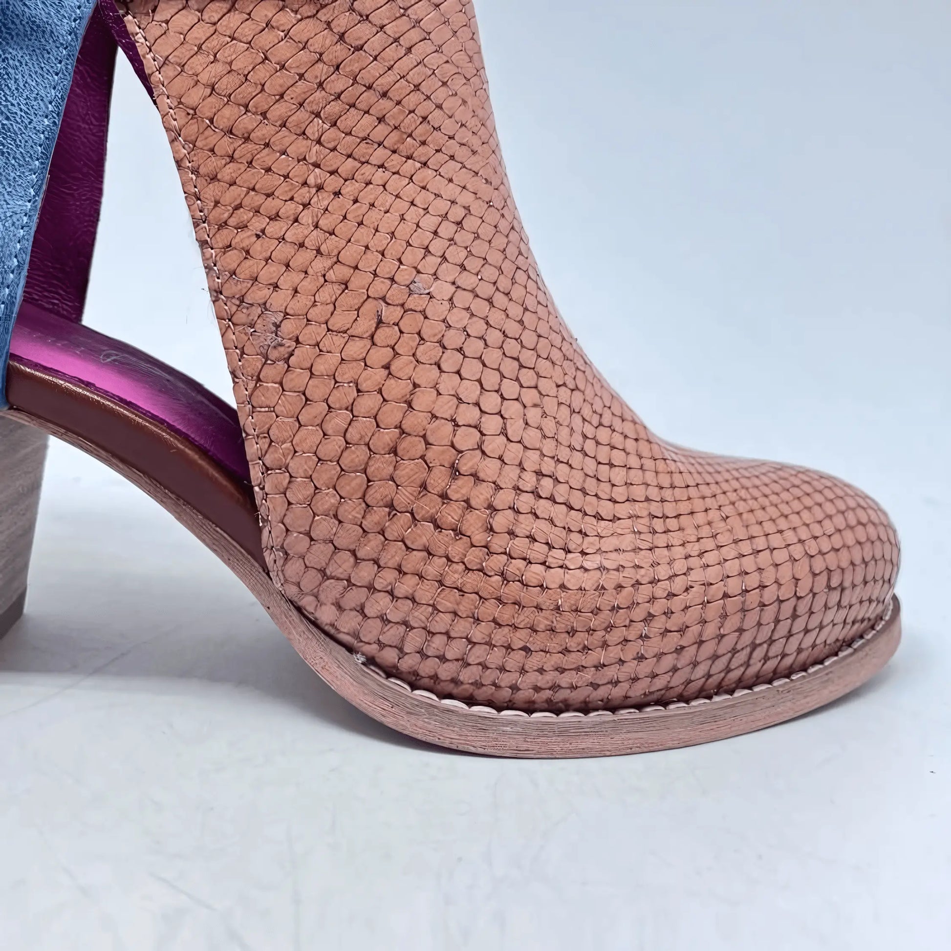 Indigo Tan Denim Leather Ankle Mid-Heel Boot - IVORYNN