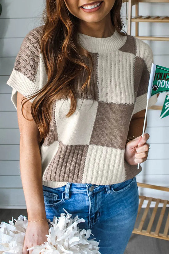Khaki Checkered Color Block Crew Neck Short Sleeve Sweater - IVORYNN