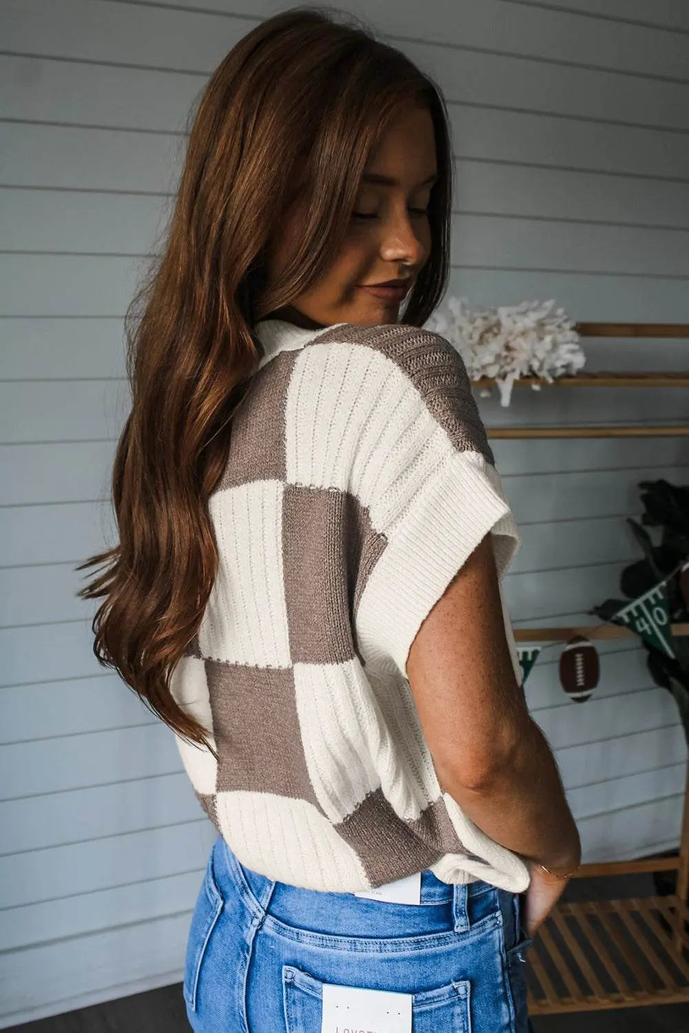Khaki Checkered Color Block Crew Neck Short Sleeve Sweater - IVORYNN