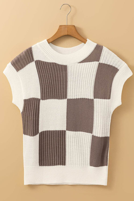 Khaki Checkered Color Block Crew Neck Short Sleeve Sweater - IVORYNN