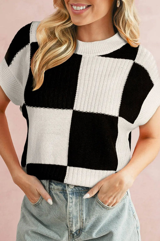 Khaki Checkered Color Block Crew Neck Short Sleeve Sweater - IVORYNN