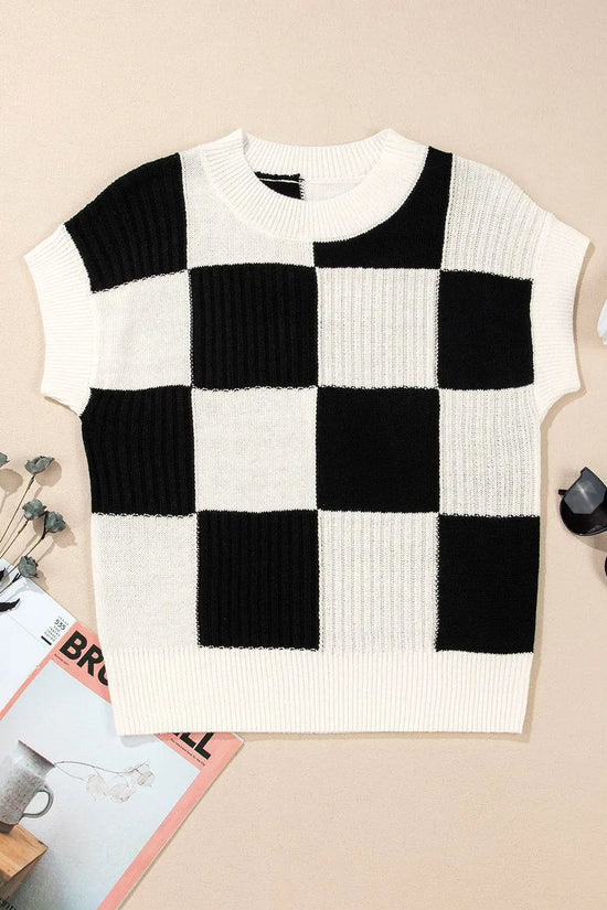 Khaki Checkered Color Block Crew Neck Short Sleeve Sweater - IVORYNN