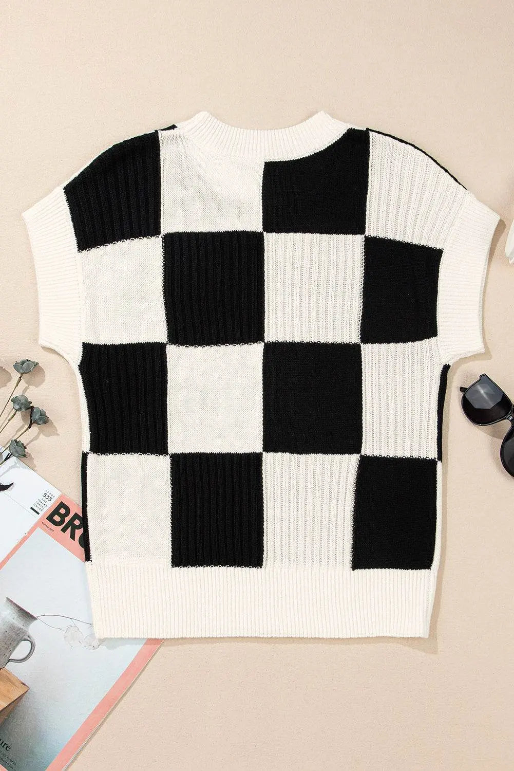Khaki Checkered Color Block Crew Neck Short Sleeve Sweater - IVORYNN