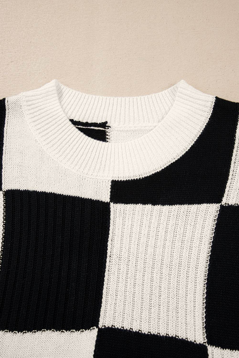 Khaki Checkered Color Block Crew Neck Short Sleeve Sweater - IVORYNN