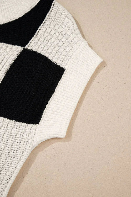 Khaki Checkered Color Block Crew Neck Short Sleeve Sweater - IVORYNN