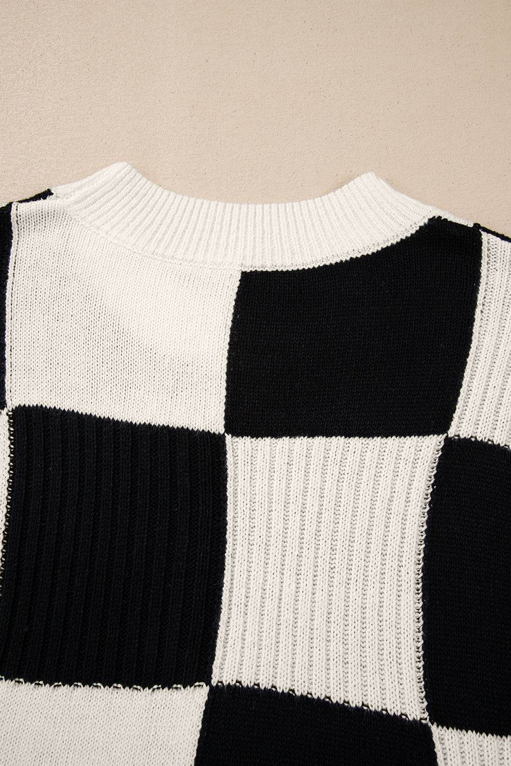 Khaki Checkered Color Block Crew Neck Short Sleeve Sweater - IVORYNN