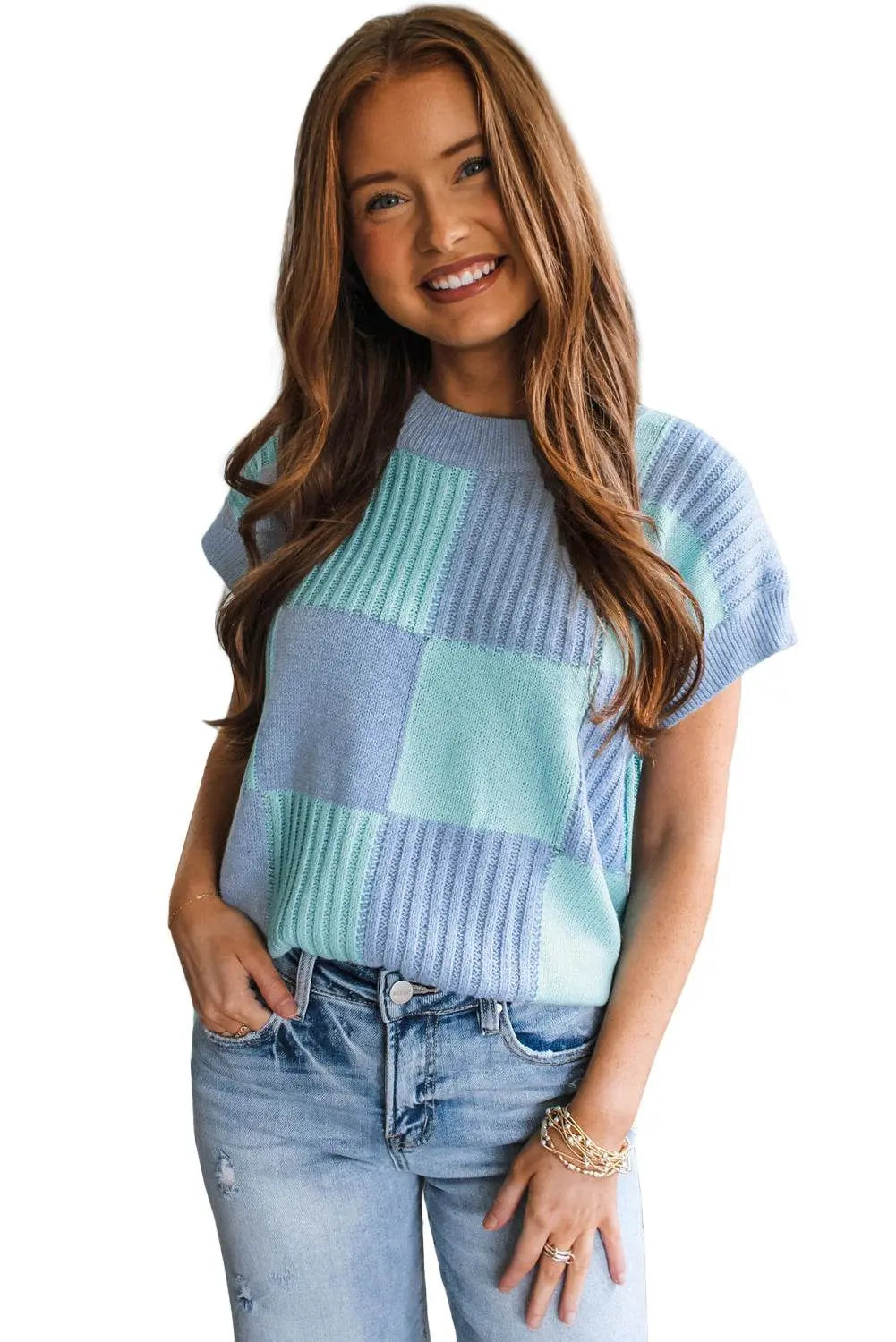 Khaki Checkered Color Block Crew Neck Short Sleeve Sweater - IVORYNN
