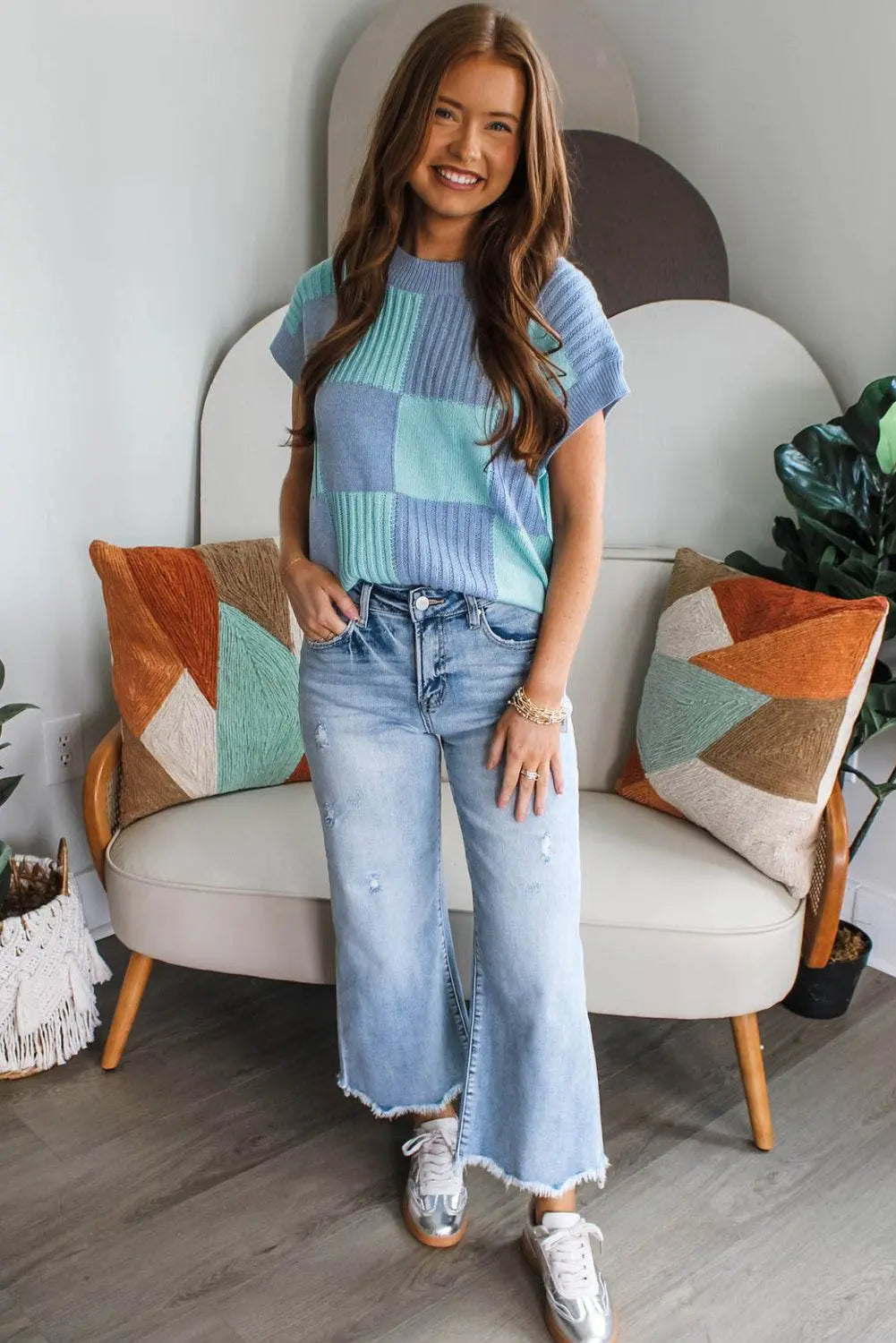 Khaki Checkered Color Block Crew Neck Short Sleeve Sweater - IVORYNN