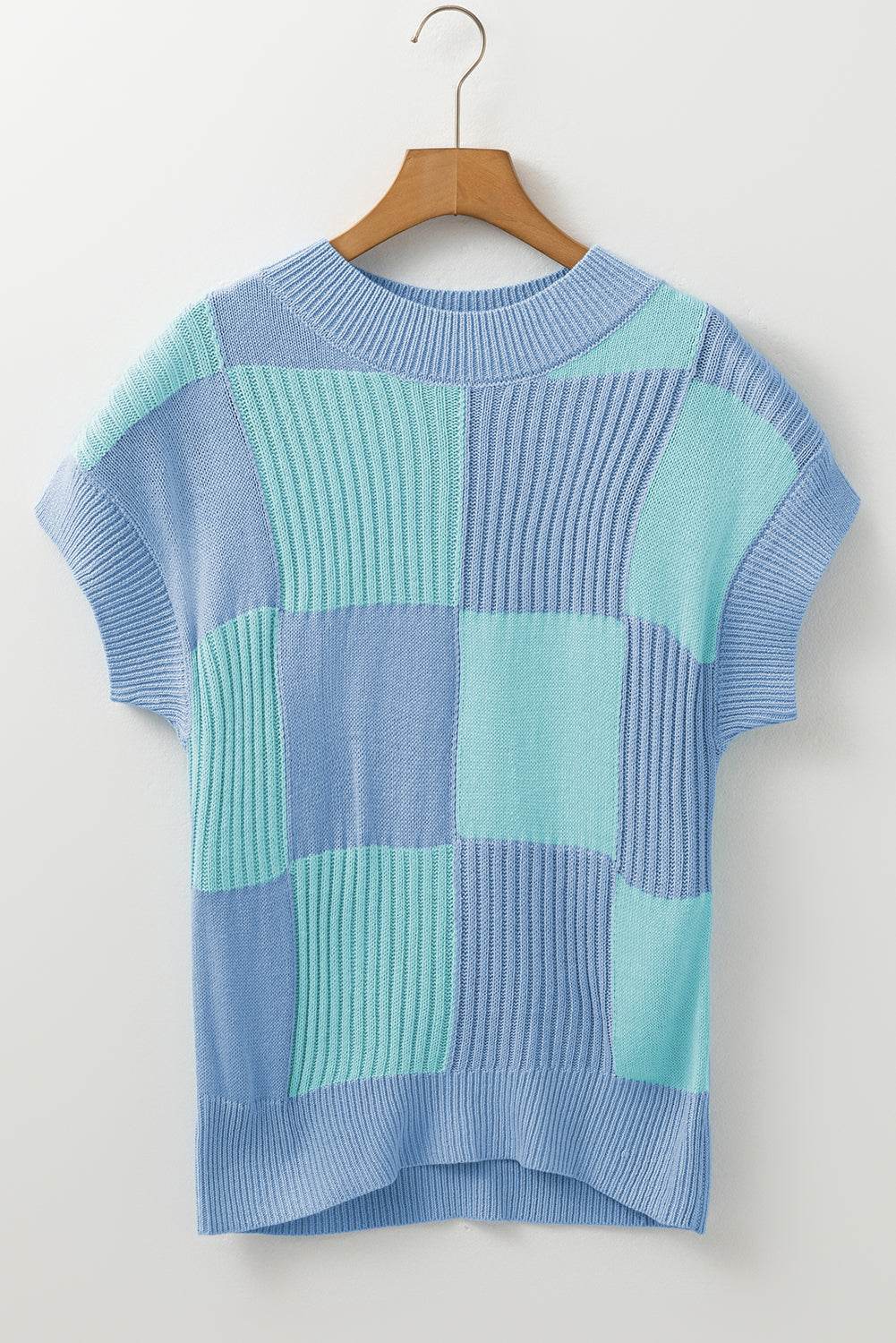 Khaki Checkered Color Block Crew Neck Short Sleeve Sweater - IVORYNN