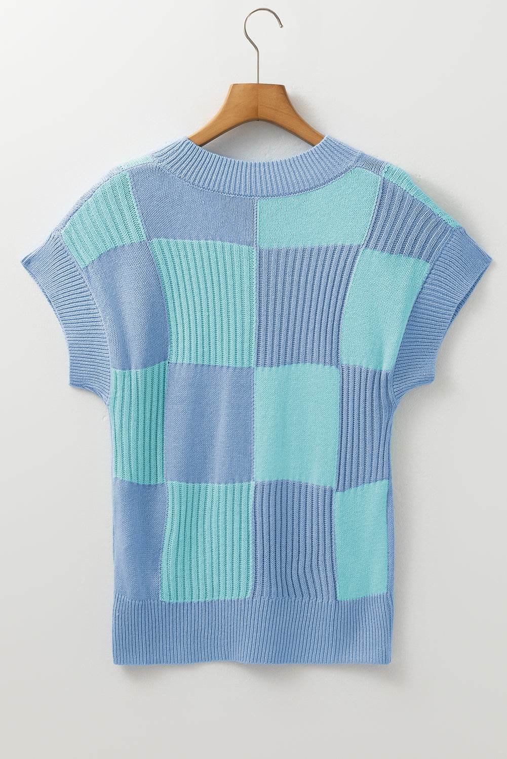 Khaki Checkered Color Block Crew Neck Short Sleeve Sweater - IVORYNN