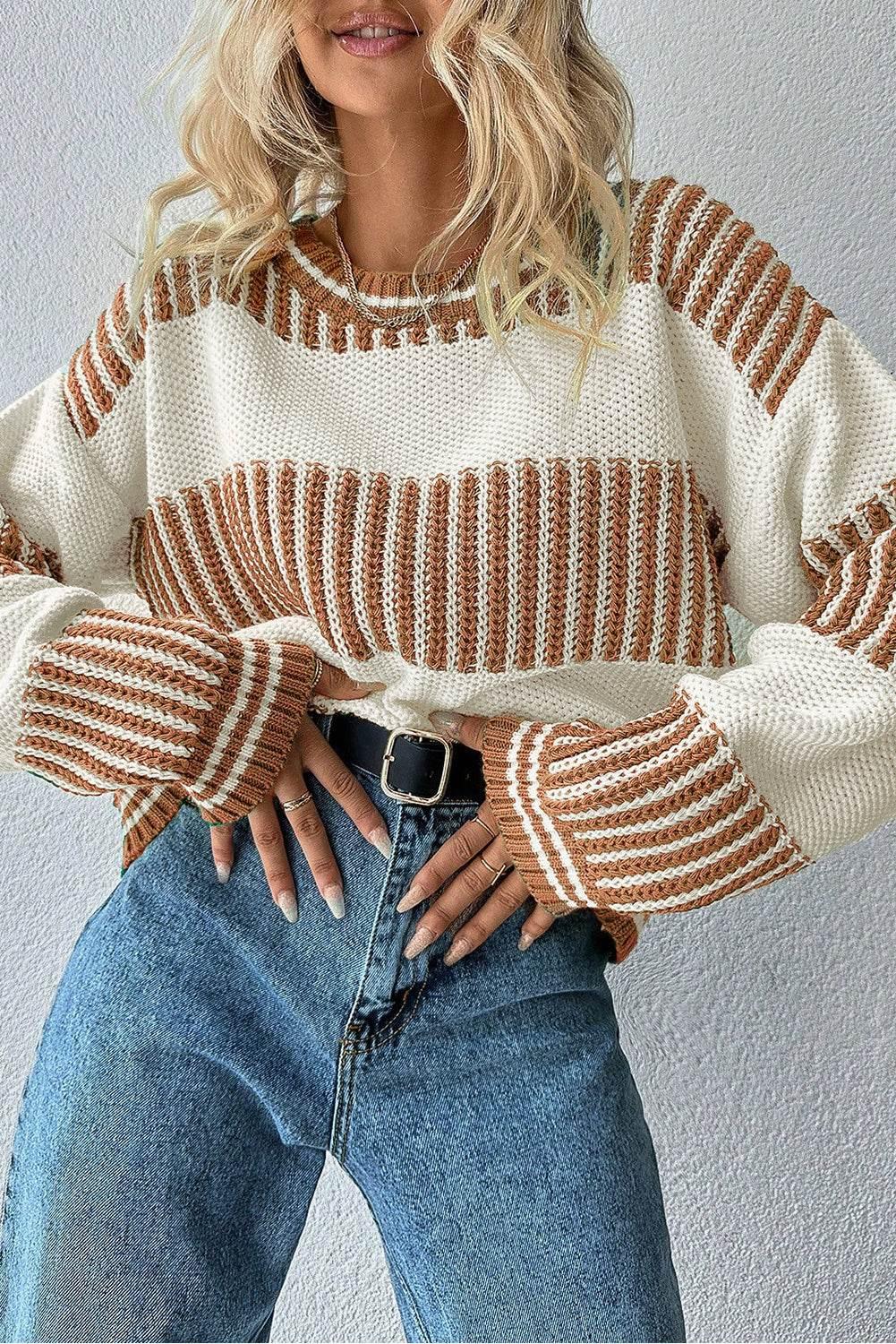Khaki Striped Patchwork Drop Shoulder Sweater - IVORYNN