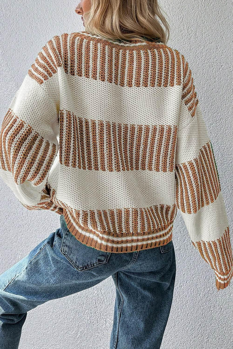 Khaki Striped Patchwork Drop Shoulder Sweater - IVORYNN