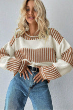 Khaki Striped Patchwork Drop Shoulder Sweater - IVORYNN