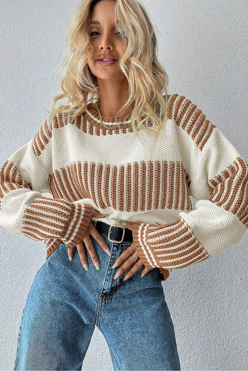 Khaki Striped Patchwork Drop Shoulder Sweater - IVORYNN