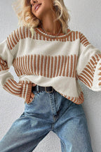 Khaki Striped Patchwork Drop Shoulder Sweater - IVORYNN