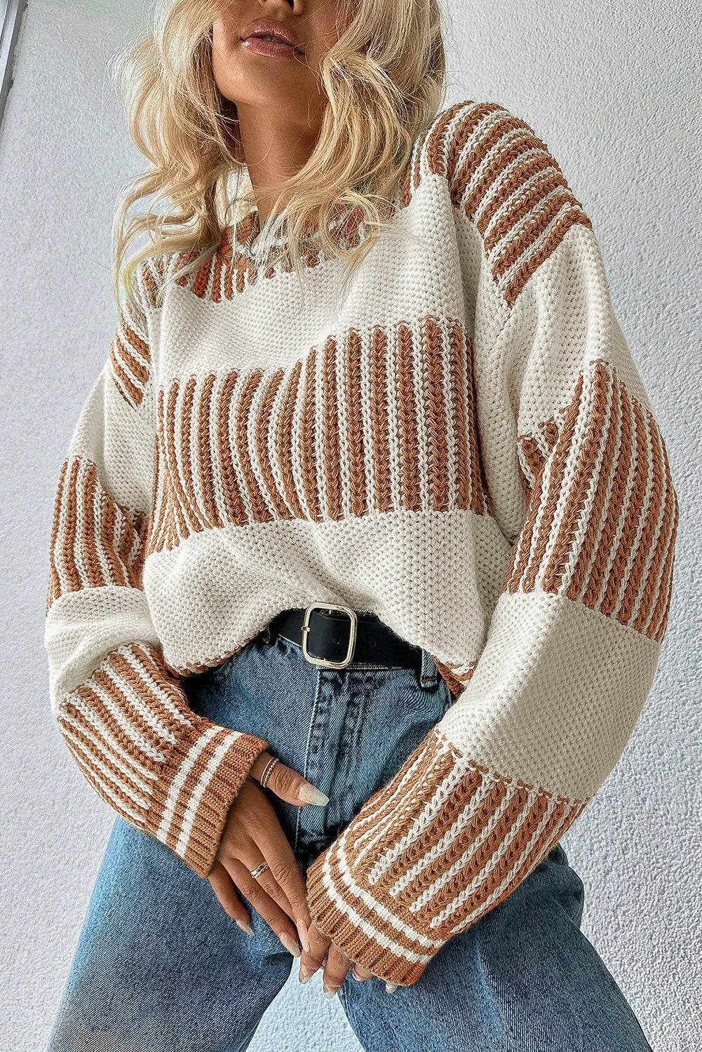 Khaki Striped Patchwork Drop Shoulder Sweater - IVORYNN