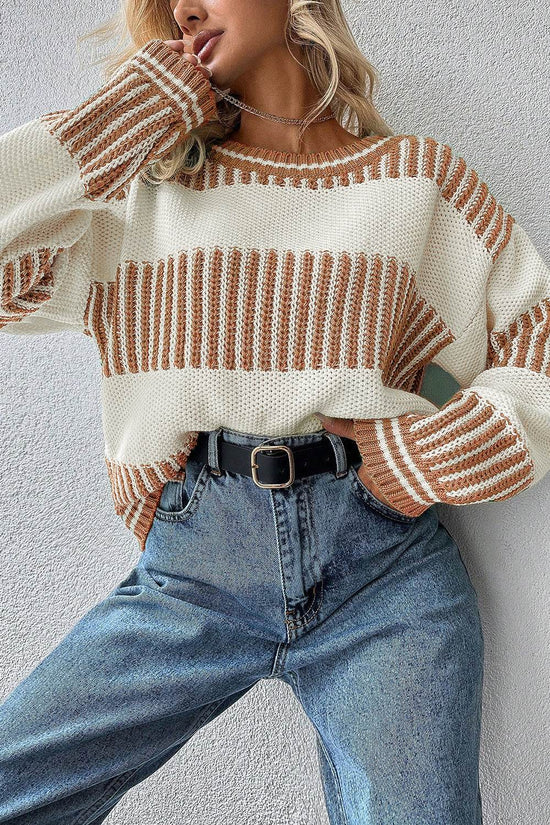 Khaki Striped Patchwork Drop Shoulder Sweater - IVORYNN