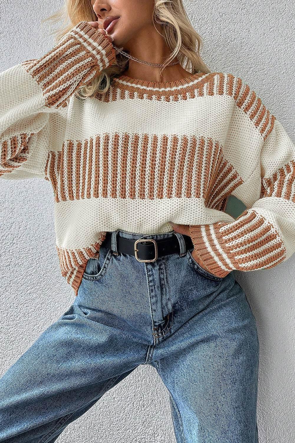 Khaki Striped Patchwork Drop Shoulder Sweater - IVORYNN