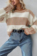Khaki Striped Patchwork Drop Shoulder Sweater - IVORYNN