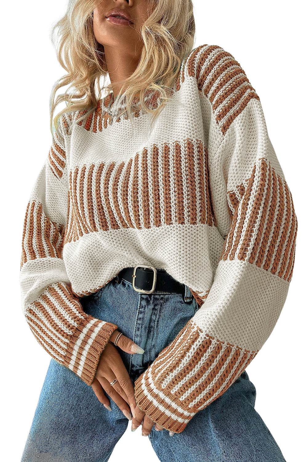 Khaki Striped Patchwork Drop Shoulder Sweater - IVORYNN