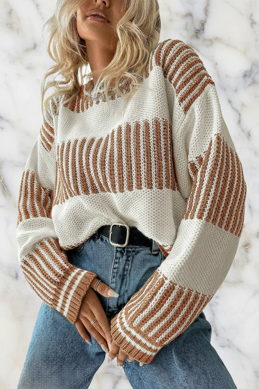 Khaki Striped Patchwork Drop Shoulder Sweater - IVORYNN