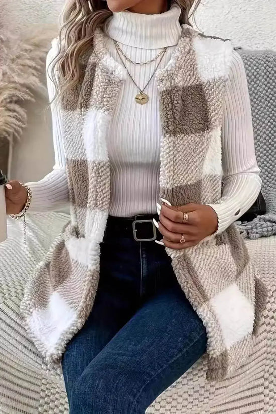 Knitted Plaid Open Front Vest Coat - IVORYNN