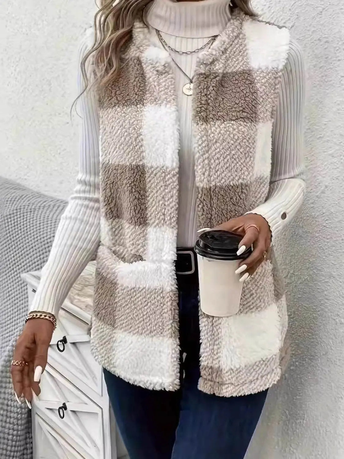 Knitted Plaid Open Front Vest Coat - IVORYNN