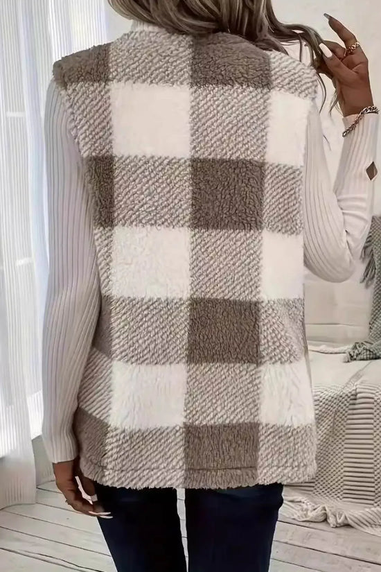 Knitted Plaid Open Front Vest Coat - IVORYNN