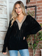 Lace Detail V-Neck Long Sleeve Black Sweater