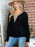 Lace Detail V-Neck Long Sleeve Black Sweater