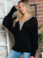 Lace Detail V-Neck Long Sleeve Black Sweater