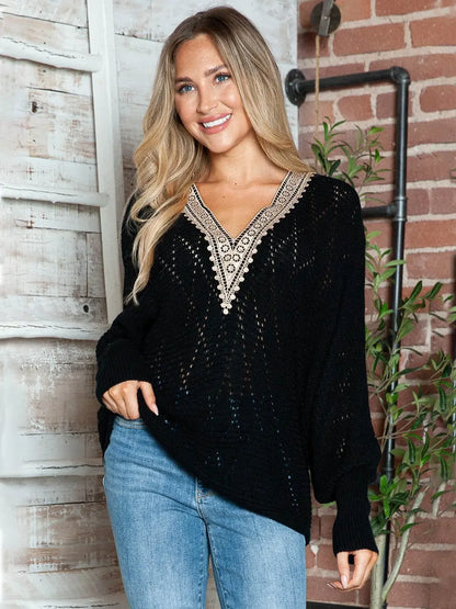 Lace Detail V-Neck Long Sleeve Black Sweater