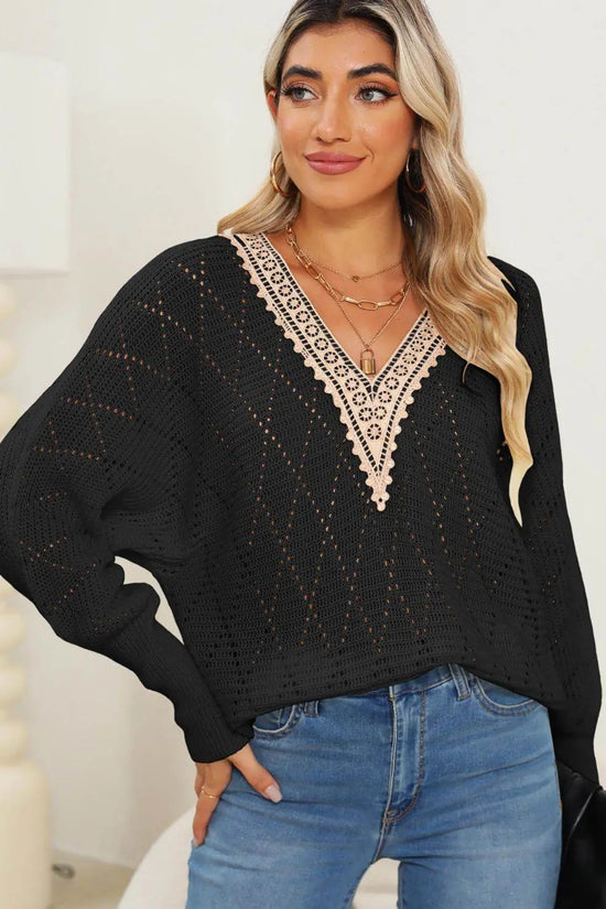 Lace Detail V-Neck Long Sleeve Sweater - IVORYNN